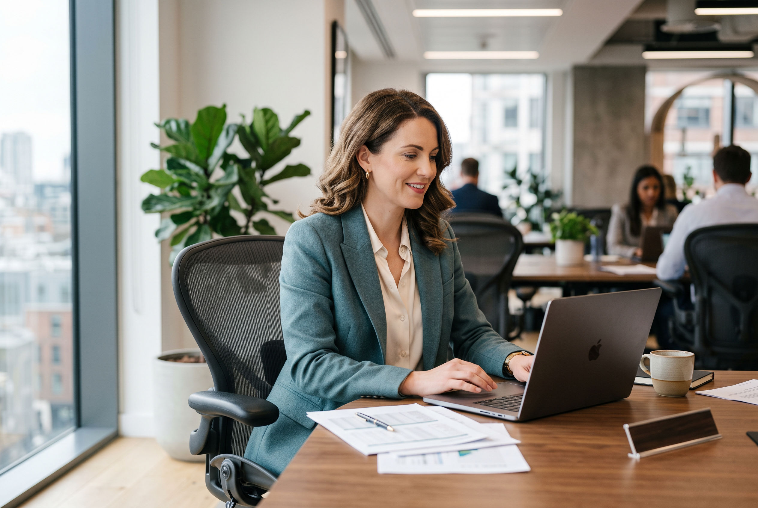 Accountant reviewing financial reports on a laptop at a bright, minimalist desk